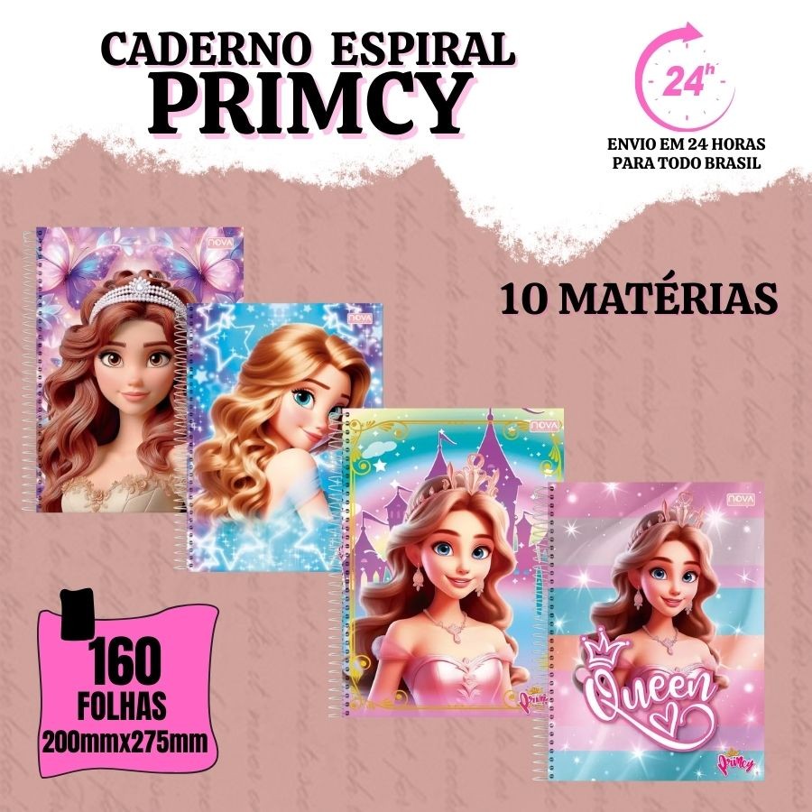 Caderno Feminino Universitário 10 Matéria160 Folhas Animativa Princesas Escolar