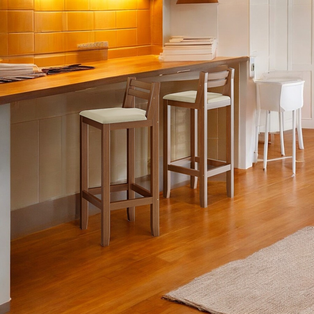 Kit 2 Banquetas Luxo Alta Ibiza - Base em Madeira Maciça - Estofado em Linho