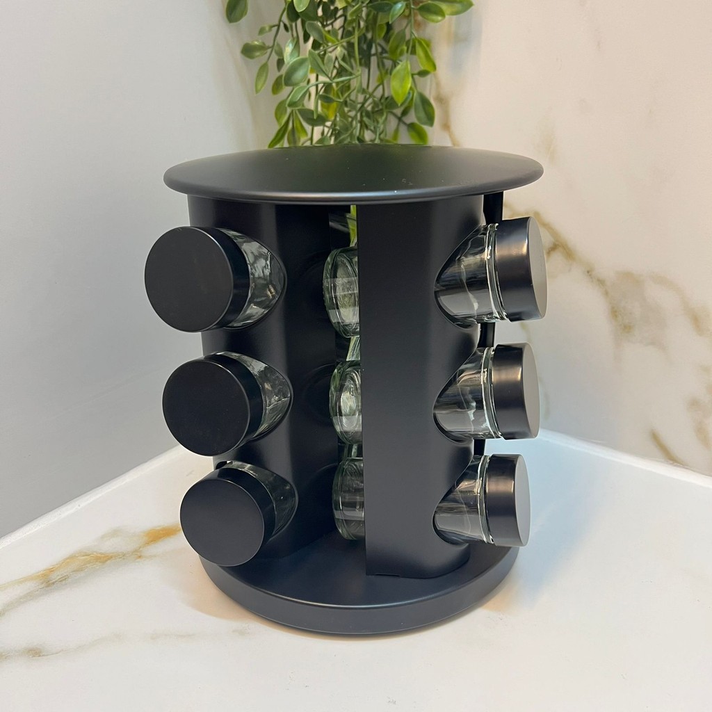 Porta Tempero/Condimentos Vidro Bancada Com Suporte Giratório Preto ou inox 13 Pçs Dolce Home
