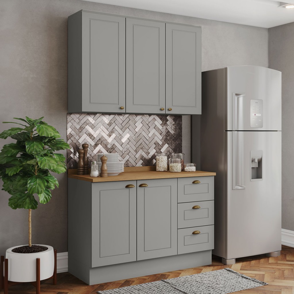 Cozinha Compacta Americana 5 Portas 3 Gavetas 100% Mdf Cinza/Nature - Henn em Oferta na Shopee