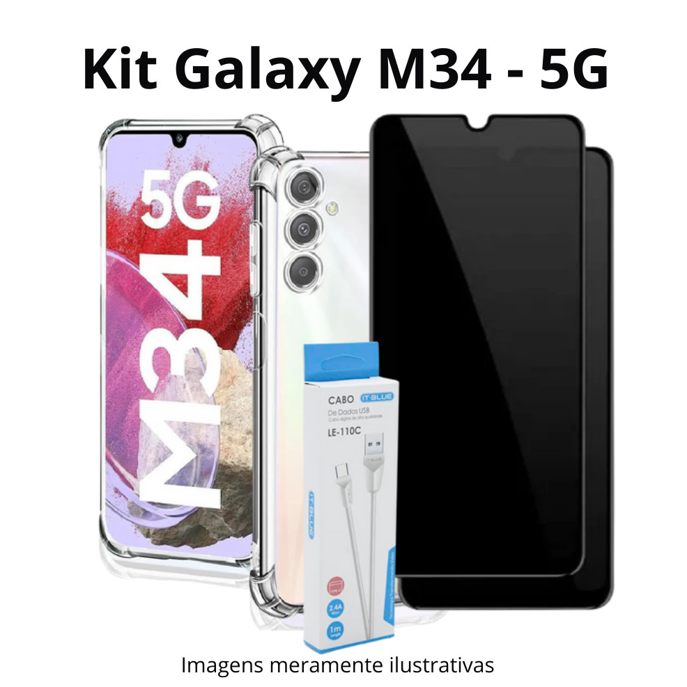Kit Película Privacidade 3D de Vidro + Capinha + Cabo Carregador Tipo C P/ Samsung  Galaxy M34