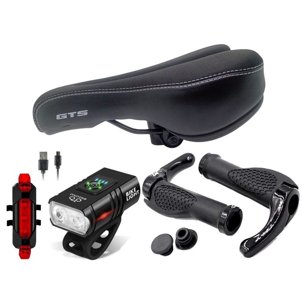 Kit Par De Manopla Punho Chifre + Selim Vazado Banco Confortável + Farol Lanterna Sinalizador Bike