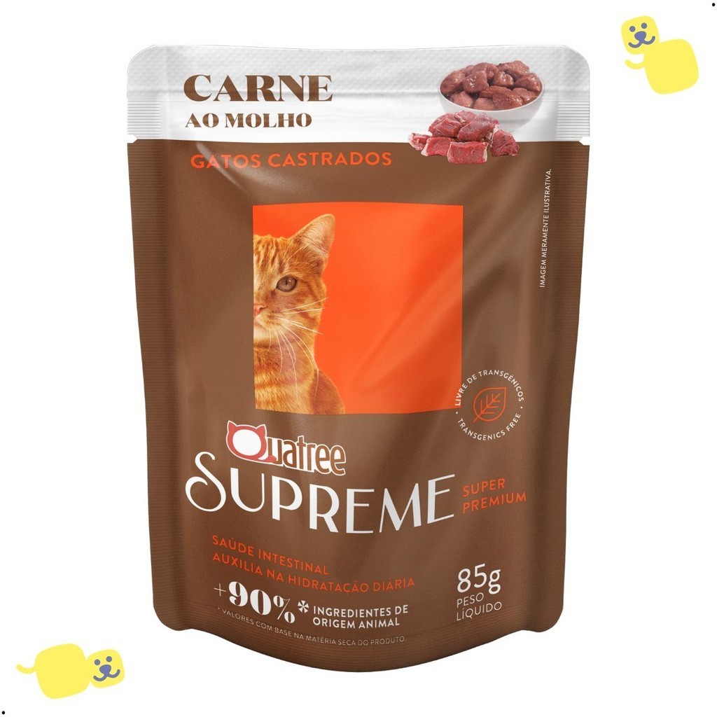 Kit 20 Unidades Sachês Quatree Supreme Ração Gatos Castrados Carne 85g Alimento Super Premium