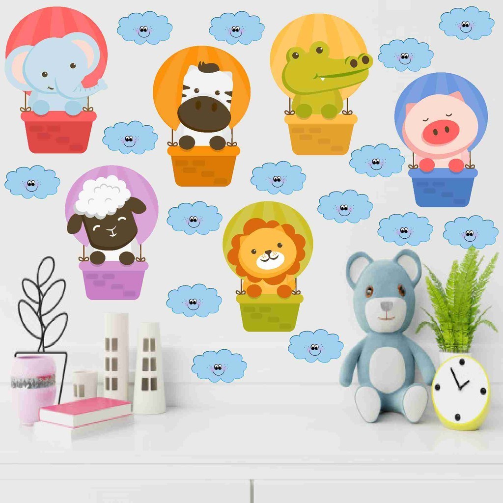 Adesivo Infantil Parede Safari Zoologico Zoo Selva Safari Balão Menino Menina Nuvem Decoração Quarto