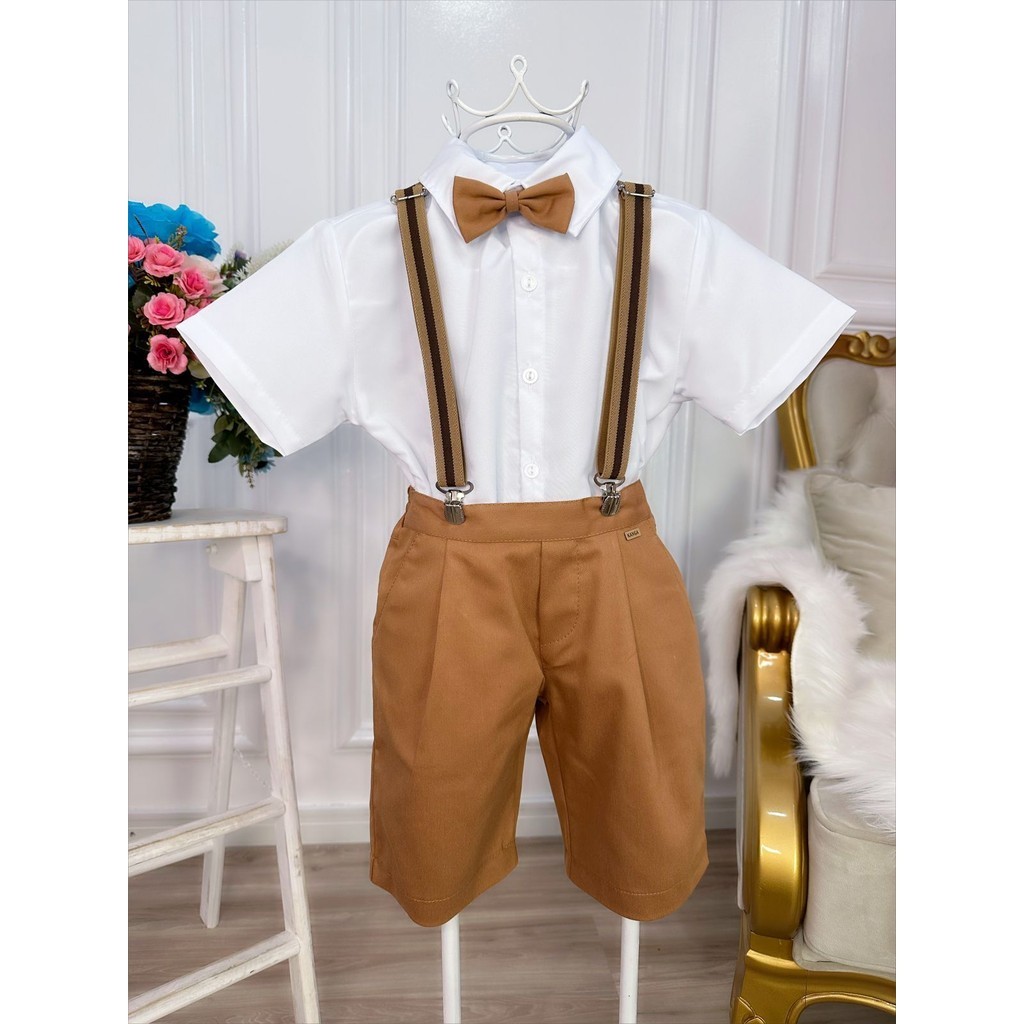 Conjunto Social Para Formaturas Pajem Príncipes Camisa Gravata e Short com Suspensório Caramelo Escuro