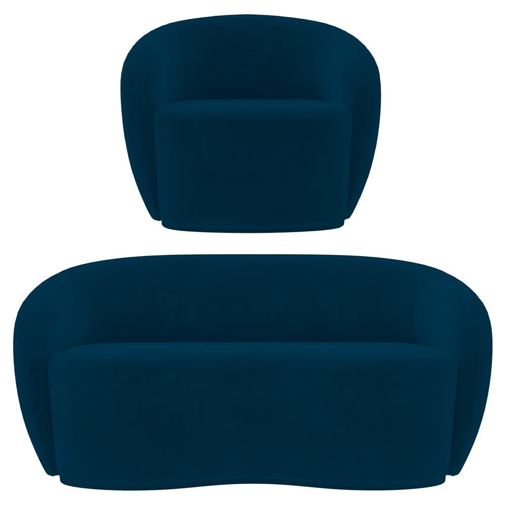 Sofá 3 Lugares Living 180cm e 1 Poltrona Giratória Garbin K04 Veludo Azul Marinho - Mpozenato