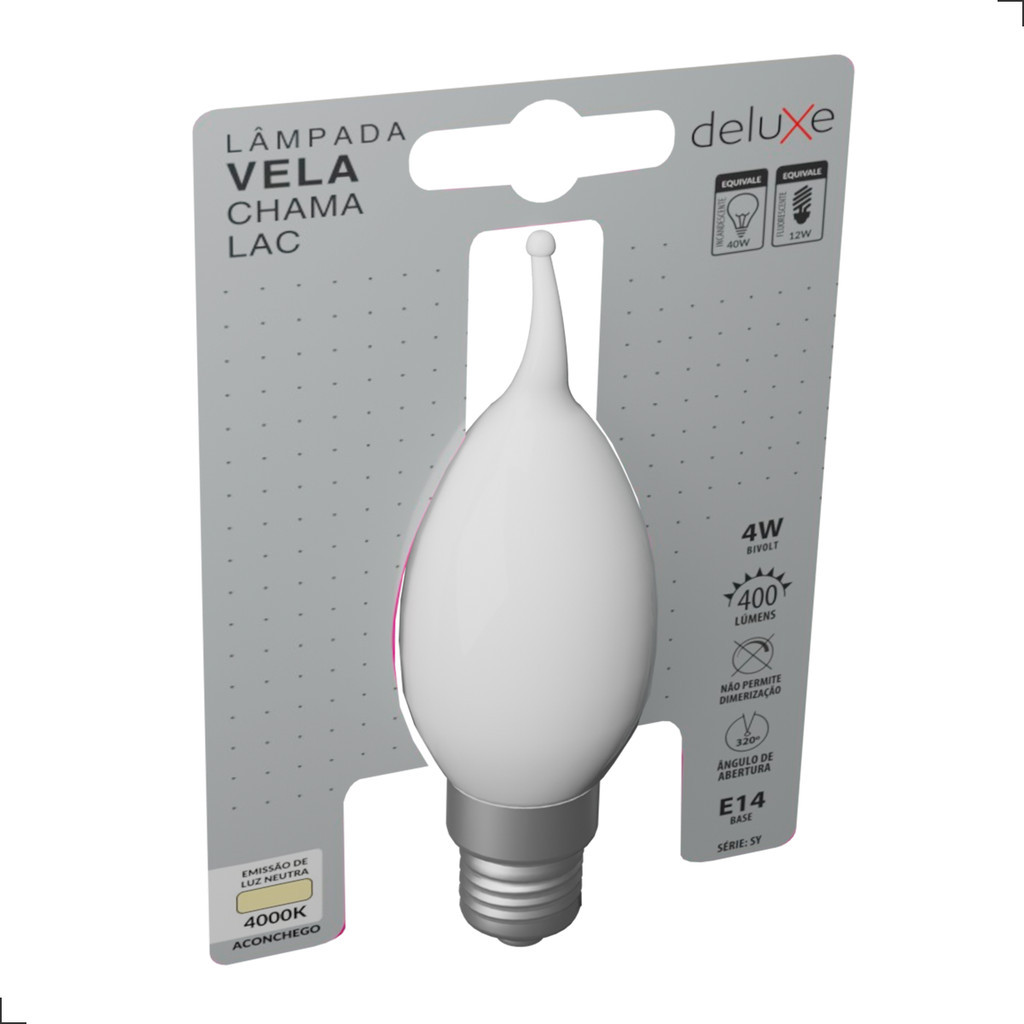 Detalhes do Lampada Led Vela Filamento Chama Lac 4W 4000k E14 Deluxe