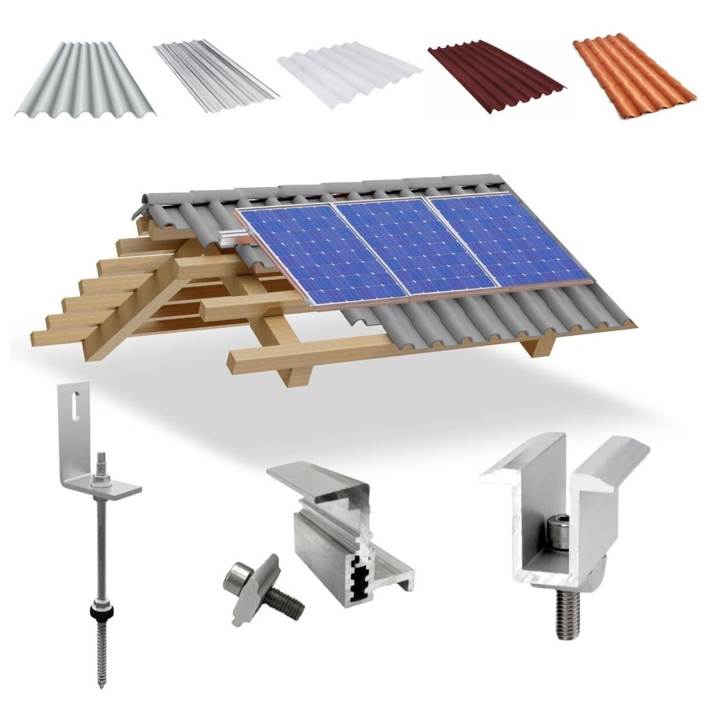 Kit Estrutura Suporte Fixador Linha C P/ 03 Placas Solar Alumínio Telha Fibro Ondulada Viga Madeira