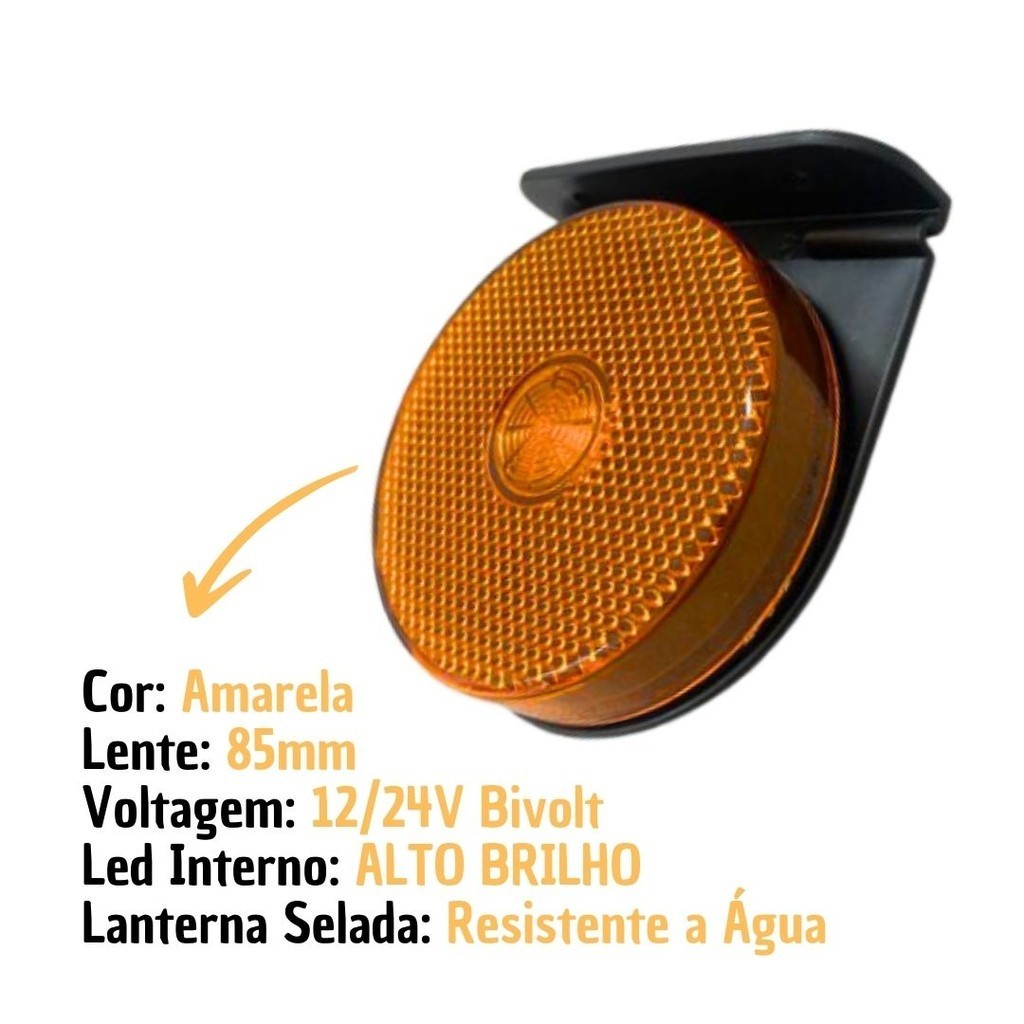 Detalhes do Kit 12 Lanterna Lateral LED Para Carreta Caminhão Trailer Reboque Com Suporte Amarela G 85mm