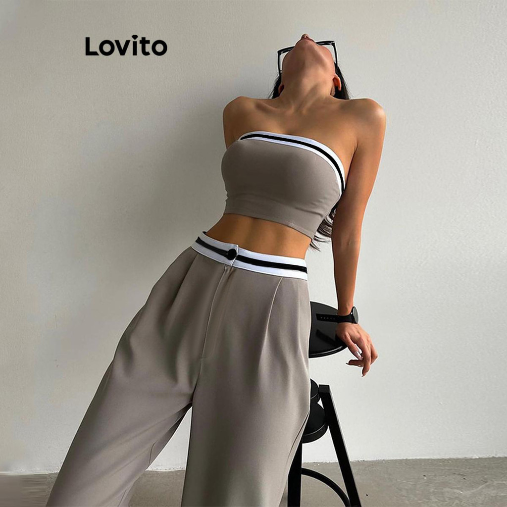 Lovito Elegante Conjunto Feminino Liso Transpassado de Calça com Costura Contrastante LNL42158