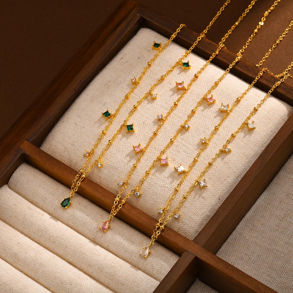 Vnox Colar De Titânio De Aço Inoxidável Pérolas Para Mulher Zircônio Rosa Quadrado Ouro Gotas De · foto 2