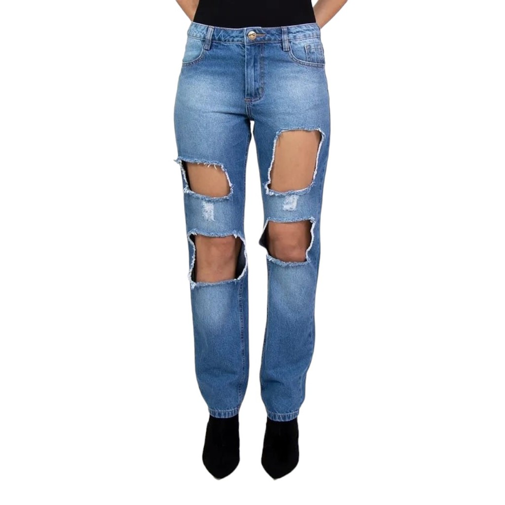 Calça Jeans Destroyed Feminina Cintura Média Lady Rock