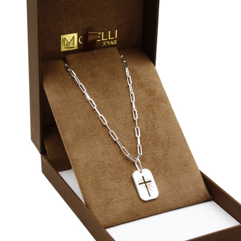 Corrente de prata 925 Masculina malha cartier elo longo 70cm pingente placa com cruz vazada