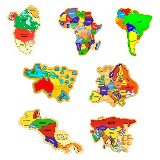 Kit Quebra-cabeça Mapas África, Oceania, América do Sul e Norte, Central Ístmico, Europa e Ásia