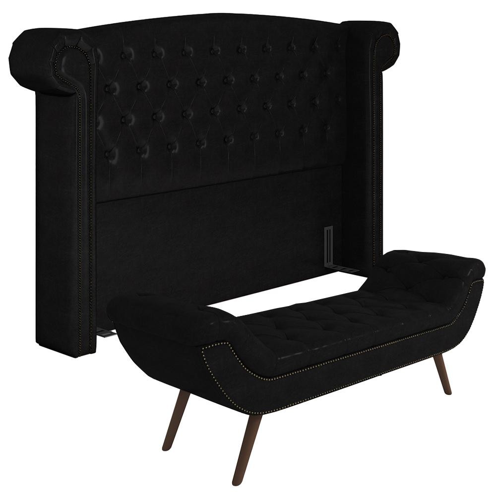 Cabeceira Cama Box Queen 160cm Provença e Recamier Veneto P02 Sintético Preto - Mpozenato