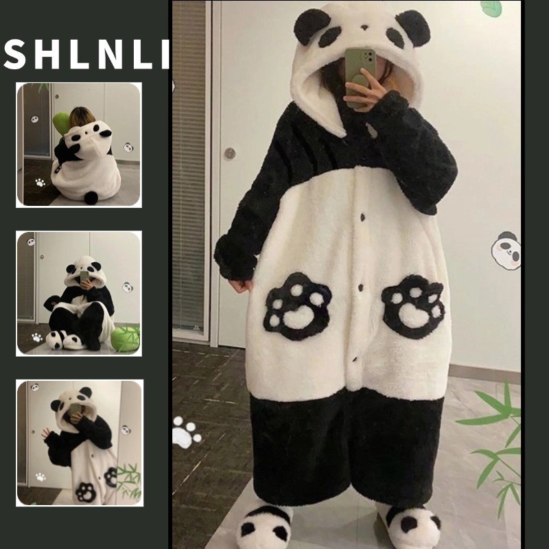 Outono Inverno Feminino Desenho Animado Panda Pijama Com Capuz Flanela Lã Roupa De Dormir
