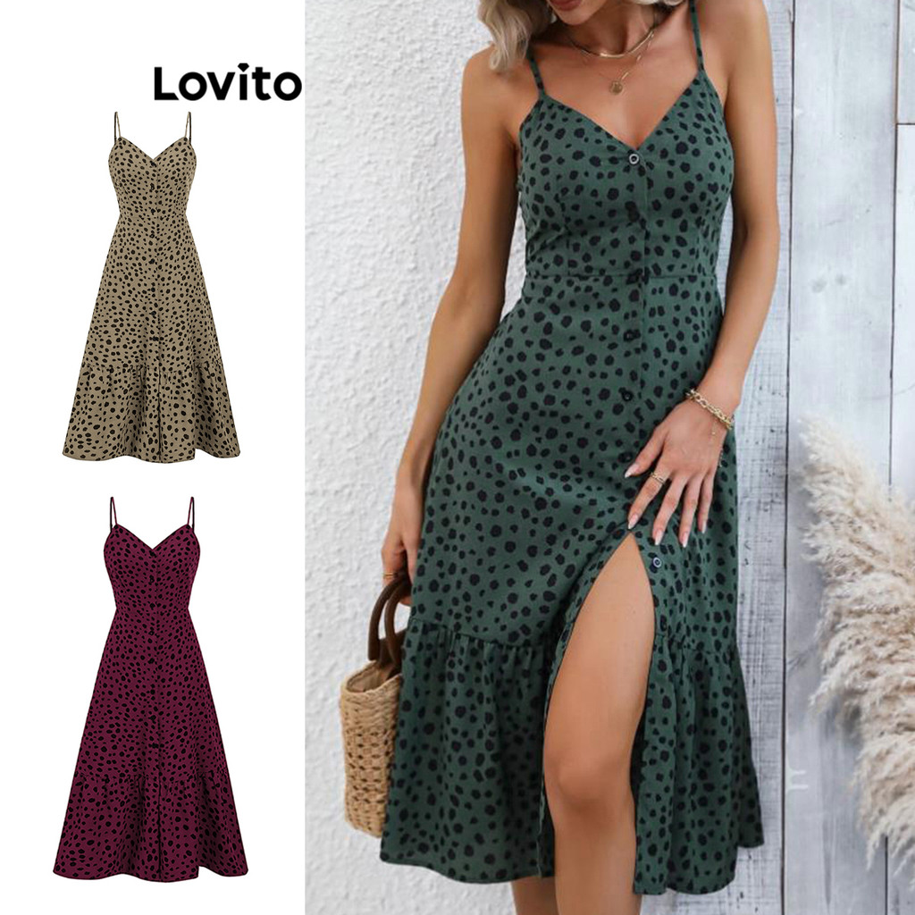 Lovito Vestido Casual Feminino Com Babados Frontais Com Botão De Bolinhas LBE04079 (Multicolorido)