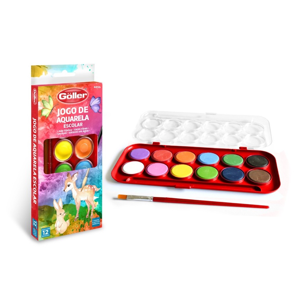 Estojo Jogo Aquarela Pintura 12 Cores Vivas + Pincel Escola em Oferta na Shopee