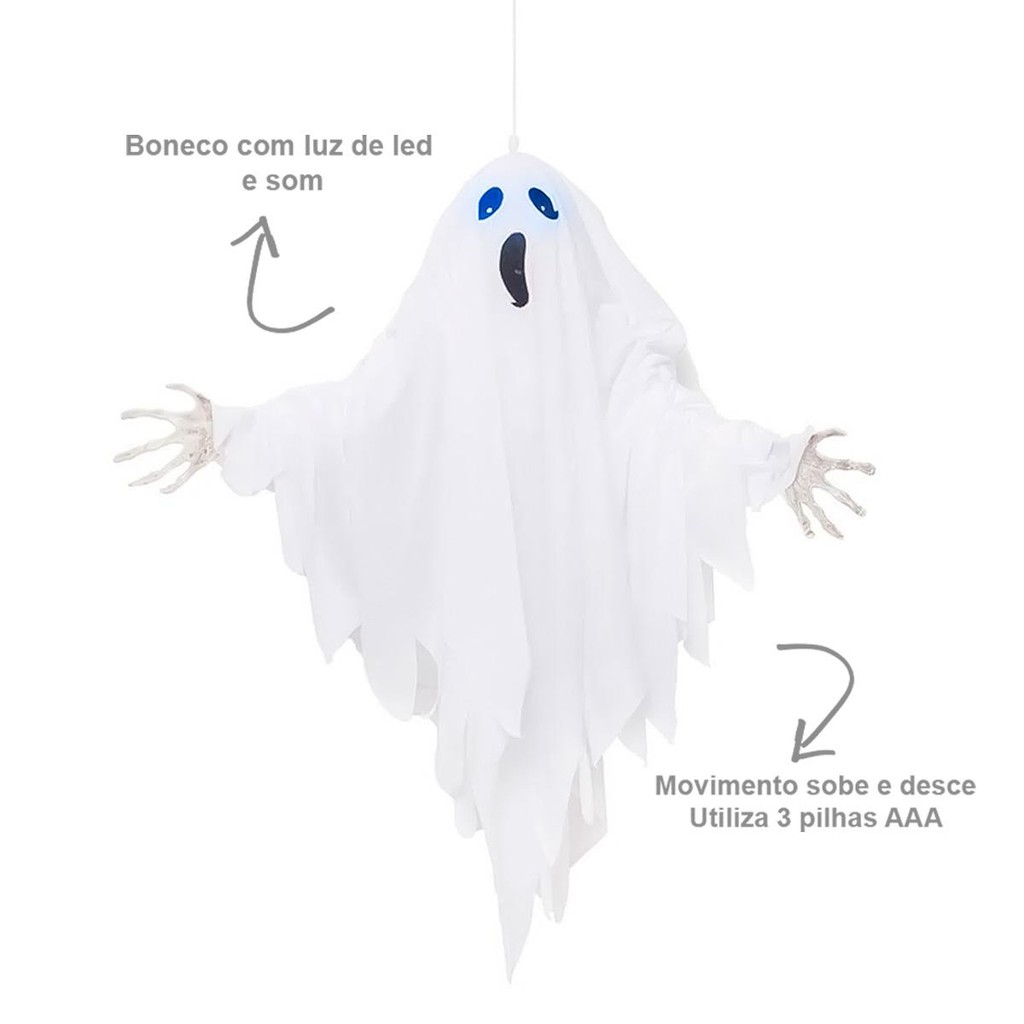 Decoração Halloween Boneco Fantasma de Led com Movimento e Som