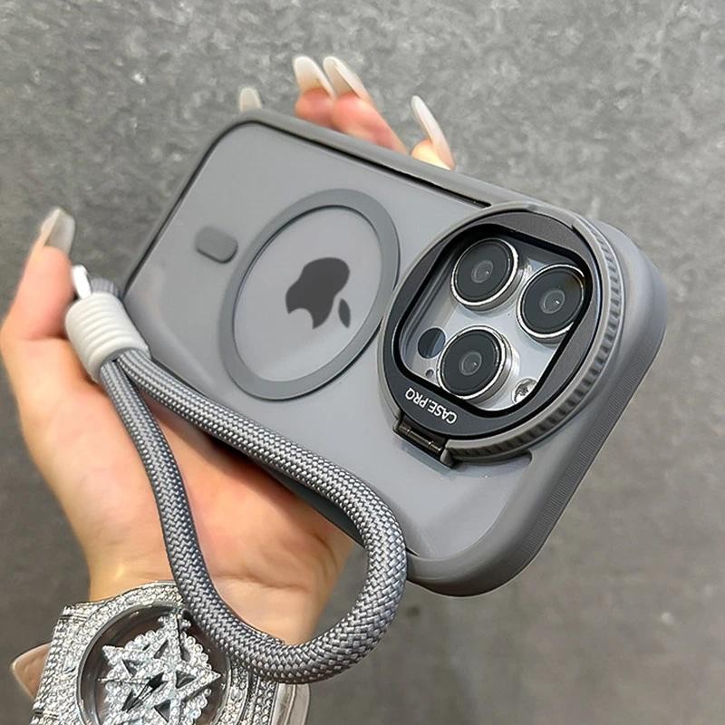 Dobrável Lente De Vidro Suporte Magnético Caso Para iPhone 16 15 14 13 12Pro Max Magsafe Pulseira À Prova De Choque Capa