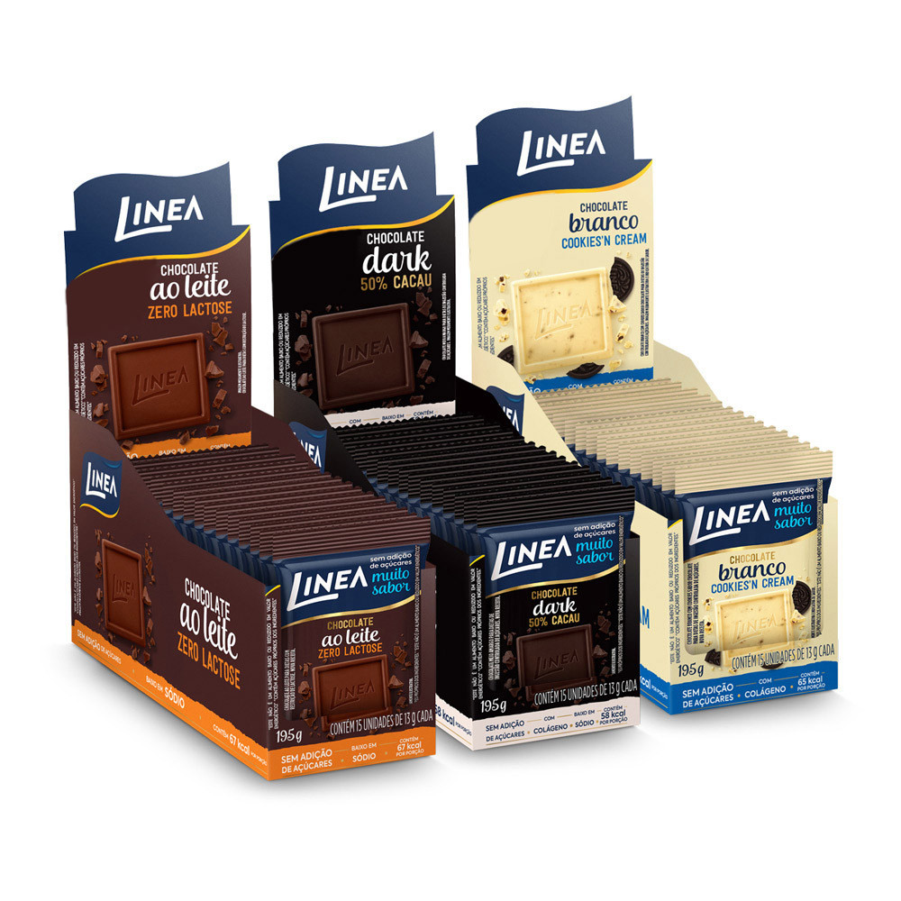 Kit 3 Displays de Mini Chocolate Linea Sabor Ao Leite Zero Lactose, Cookies’n Cream e Dark 15 unidades de 13g em Oferta na Shopee