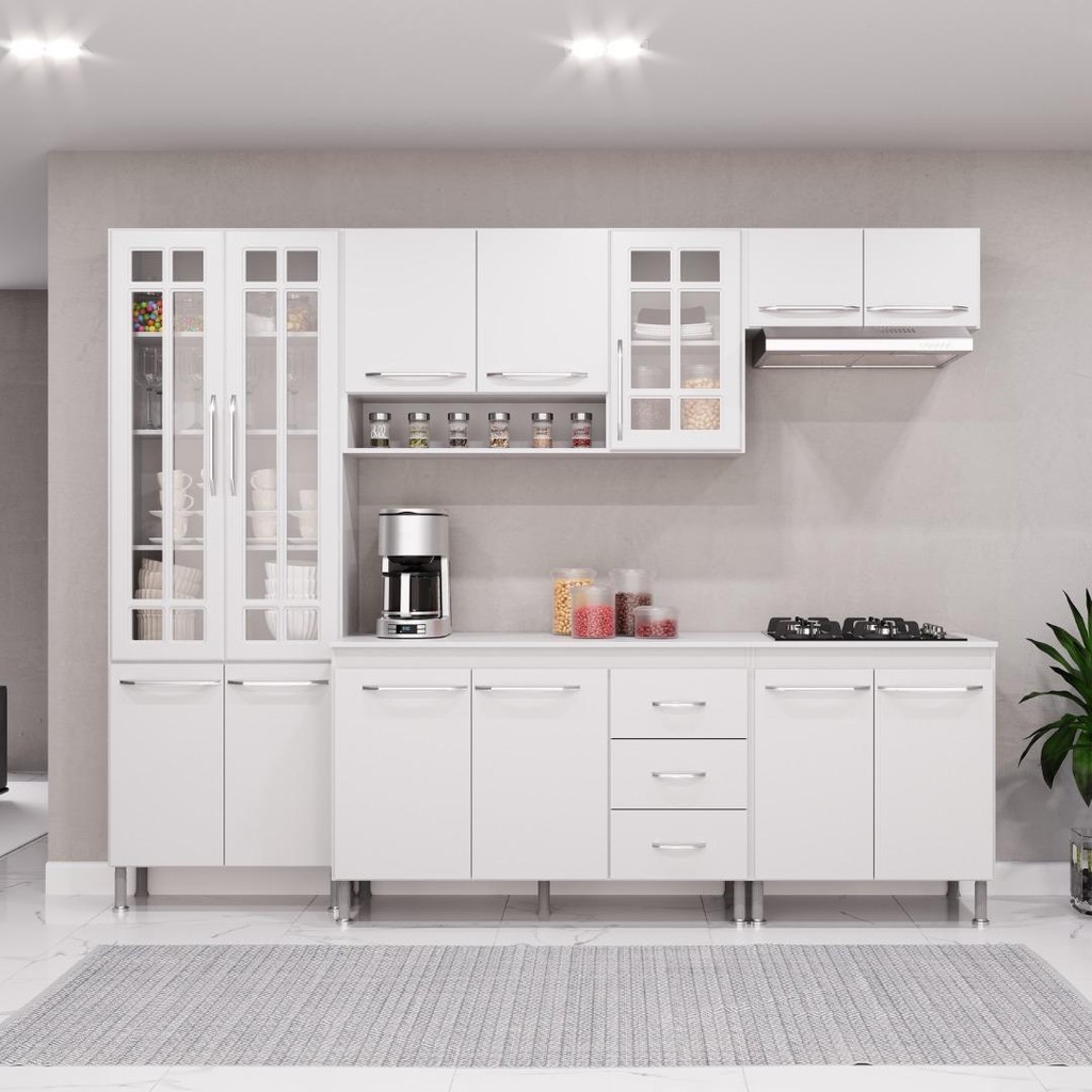 Cozinha Modulada Completa Fidelitá Viena 5 Peças 260cm 13 Portas 3 Gavetas Com Tampo Branco - Home & Living