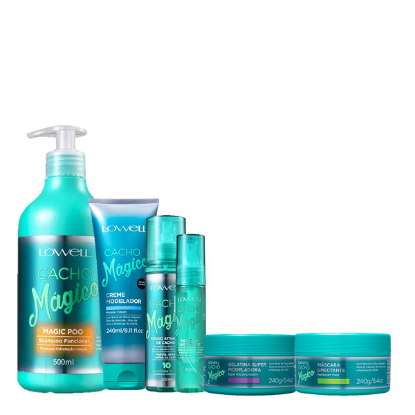 Lowell Cacho Magico Shampoo 500ml Creme Modelador 240ml Fluido 200ml Oleo 60ml Gelatina 240g e Mascara 240g