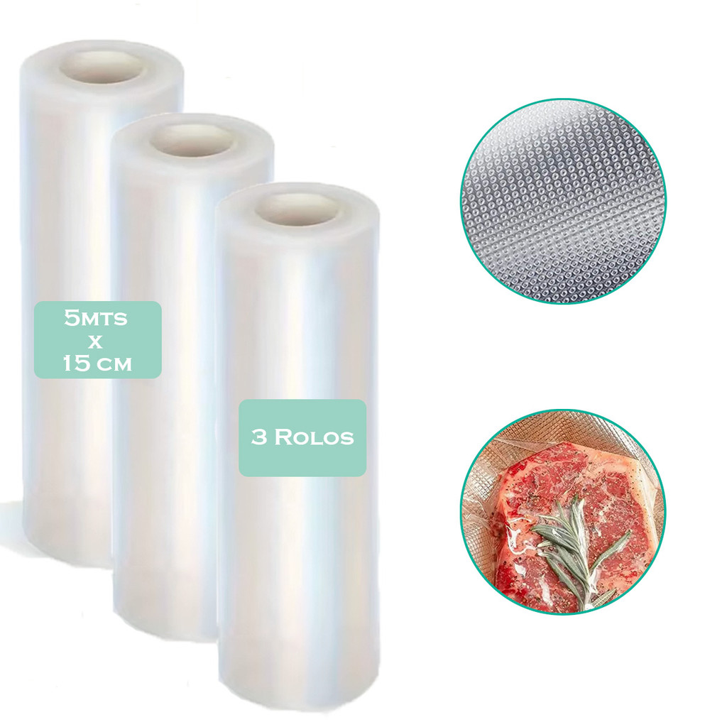 Kit 3x Embalagem A Vacuo P/ Alimentos Gofrado Rolo 5m x 15cm Ranhurada P/ Seladora