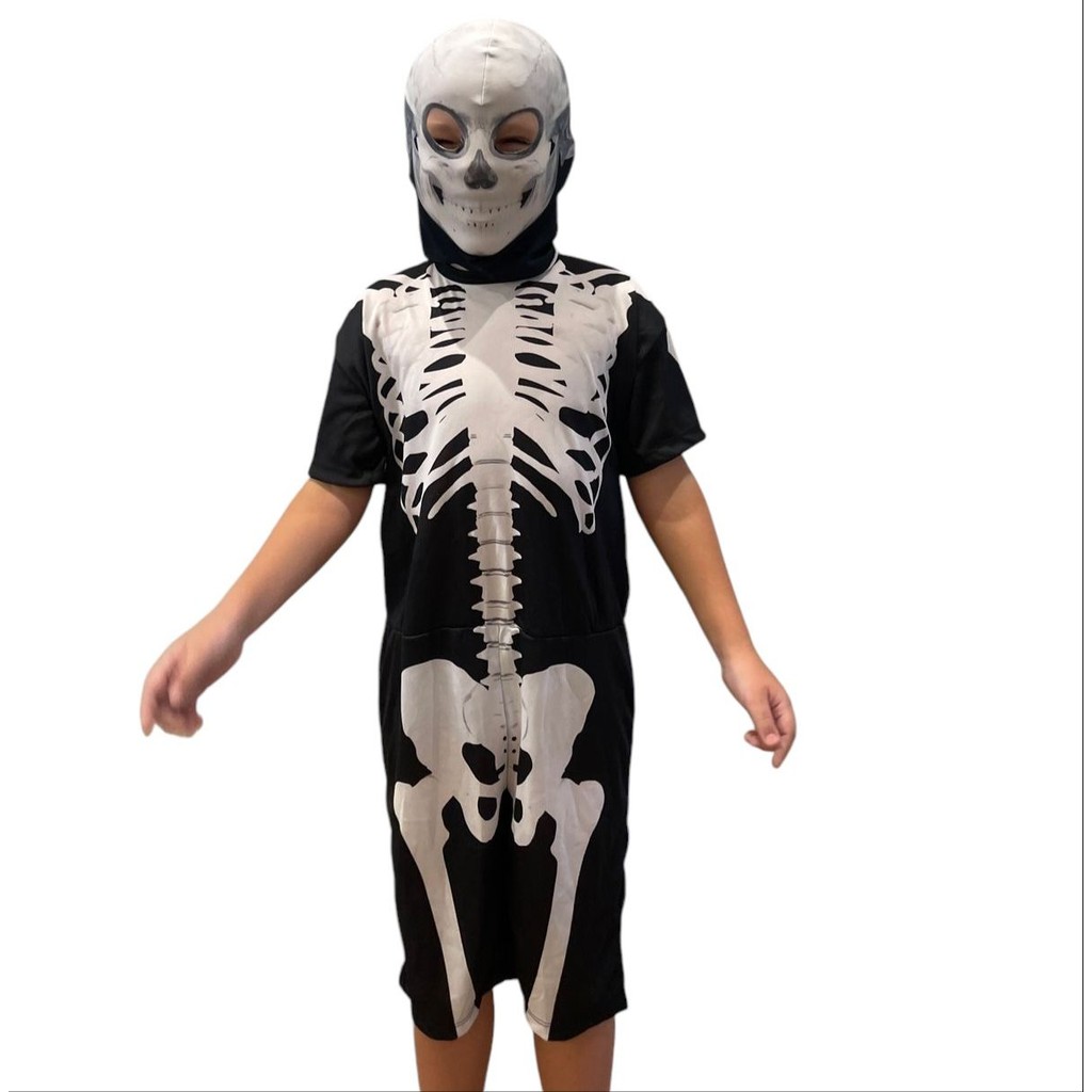 Fantasia Infantil Esqueleto Caveira Curta Dias da Crianças Halloween Carnaval Festa Aniversário