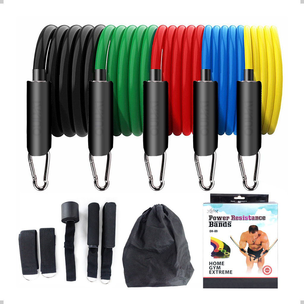 Kit 11 Elásticos Extensores Academia Força Multirresistência com Bolsa e Caixa Fitness