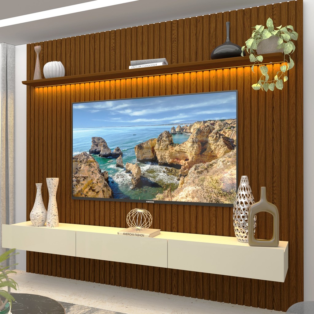 Painel para TV até 90 Polegadas 229x250cm Ripado com LED 3 Gavetas 100% MDF Castanho/Off White - Home & Living