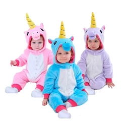 Kigurumi Bebê Menina ou Menino de Unicornio Fantasia Pijama de Inverno Quentinho com Capuz Bordado Rosa Azul ou Roxo