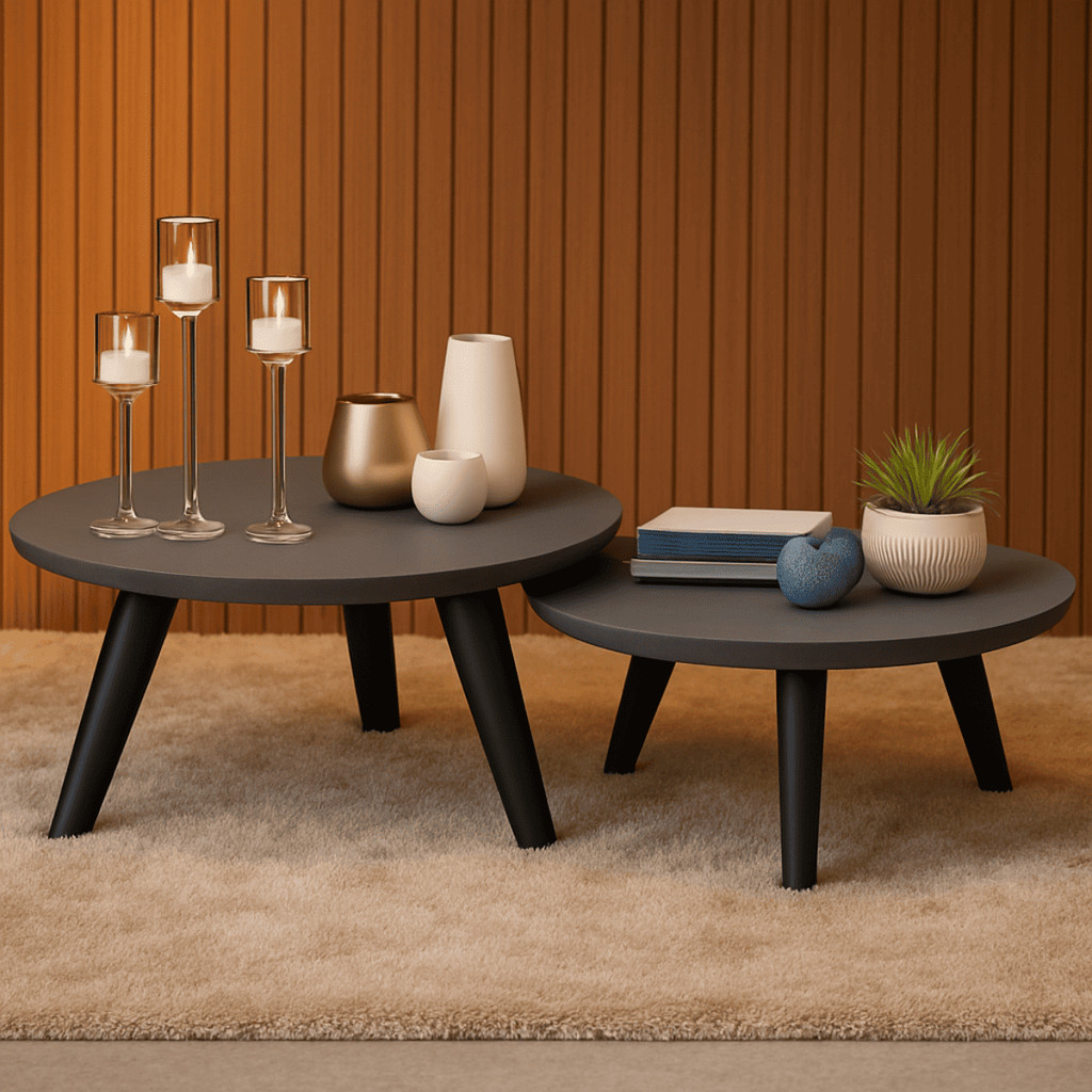 Duas Mesas De Centro Redonda Com Pés Plástico PVC Preto Conjunto P Sala De Estar Decorativa Modernic