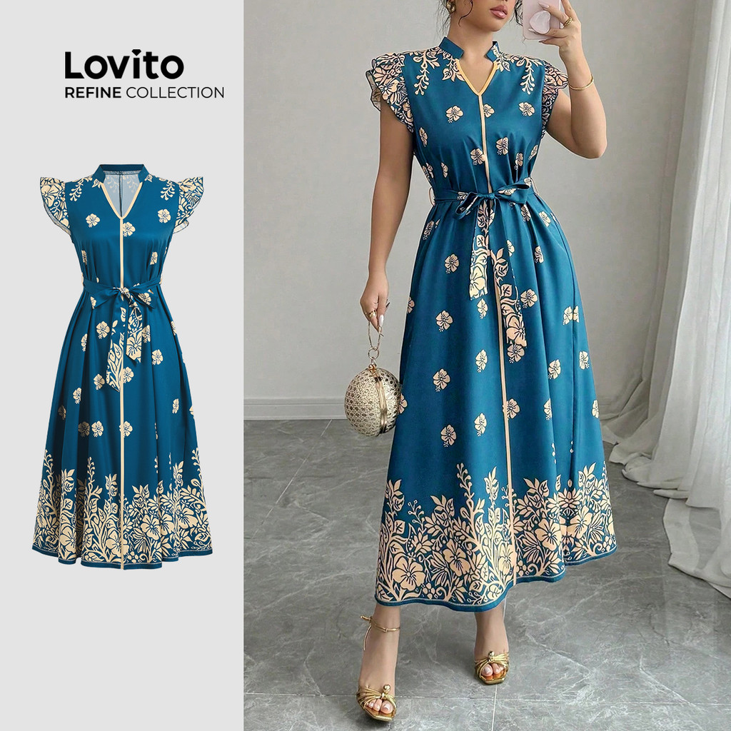 (Lovito Refine) Vestido Boho Estilo Nacional Cinturado com Babados Na Bainha Vestido Verde Escuro para mulheres LR12L060 - Women Clothes