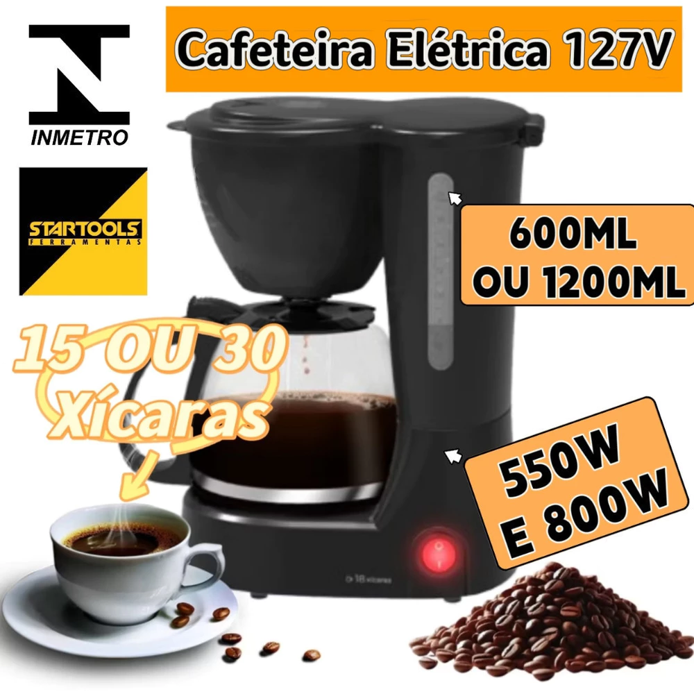 Cafeteira Eletrica 127V Preta 15 Ou 30 Xícaras Café 600ml ou 1200ml 550W E 800W Indicador de Nível