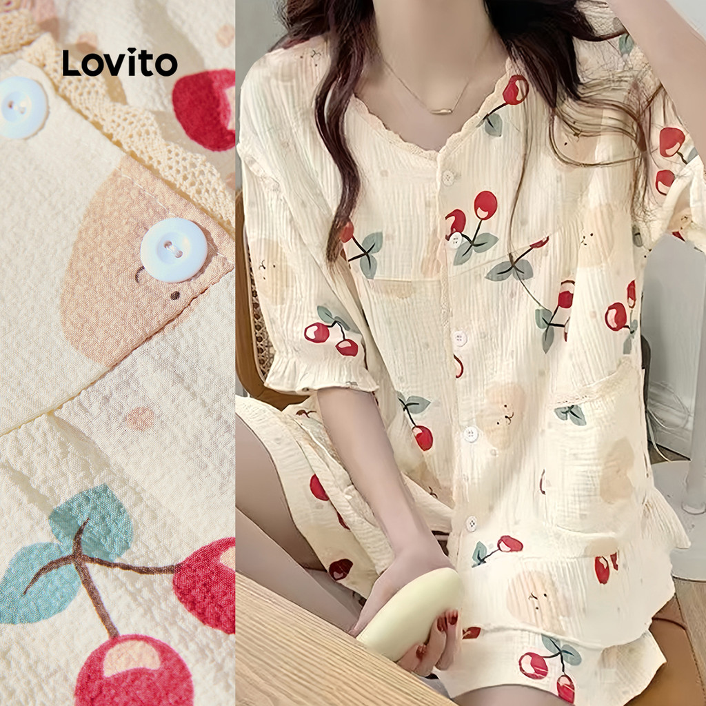 Lovito Conjuntos De Pijama Casual Ditsy Floral Padrão Com Acabamento Em Alface E Damasco Para Mulheres LNA104053 - Women Clothes