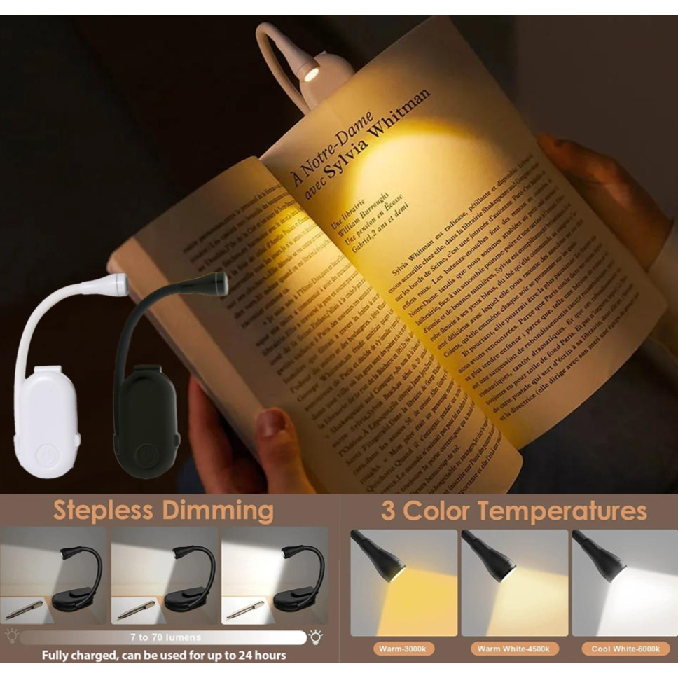 Luz De Leitura De Livro Recarregável Mini LED Clipe Para Cuidados Com Os Olhos Noite 360 ° Lâmpada Ajustável