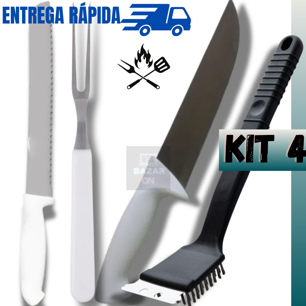 Kit 4 Peças Churrasco Faca Afiada Profissional Limpa Grelha Garfo Faca Para Pão Jogo Completo