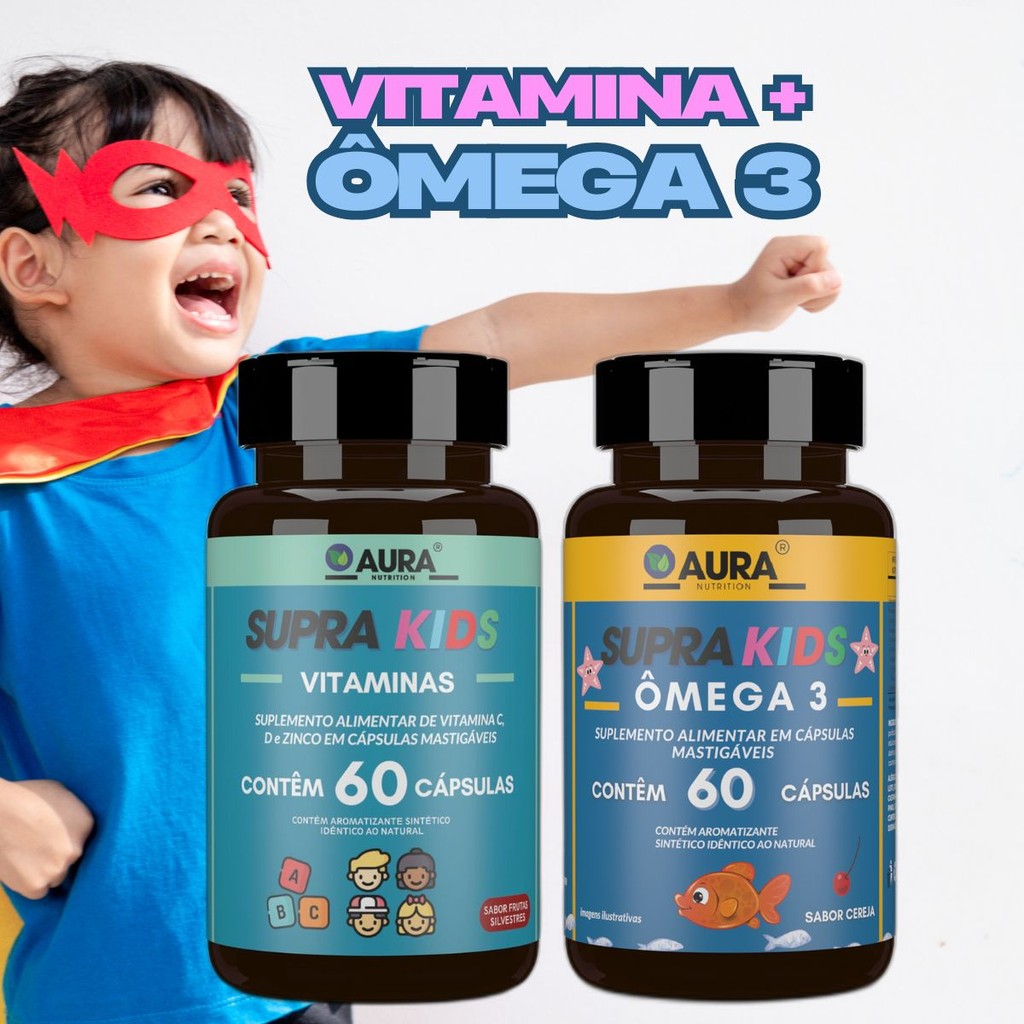 Vitamina C , D e Zinco Infantil Supra Kids + Ômega 3 Supra Kids 60 Cápsulas- Aura Nutrition