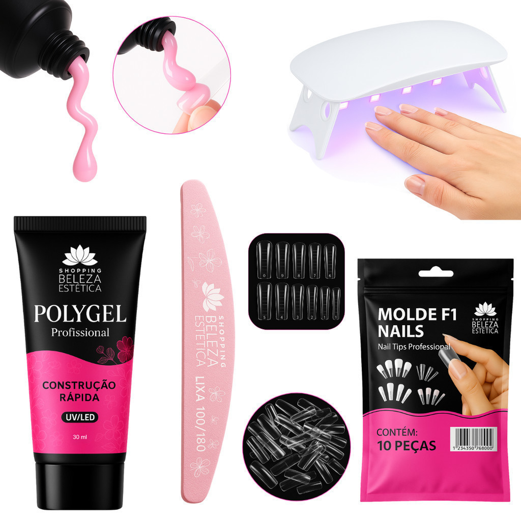 Kit Polygel Unhas Profissional – Molde F1 + Lixa + Mini Cabine UV/LED – Nail Designer Completo