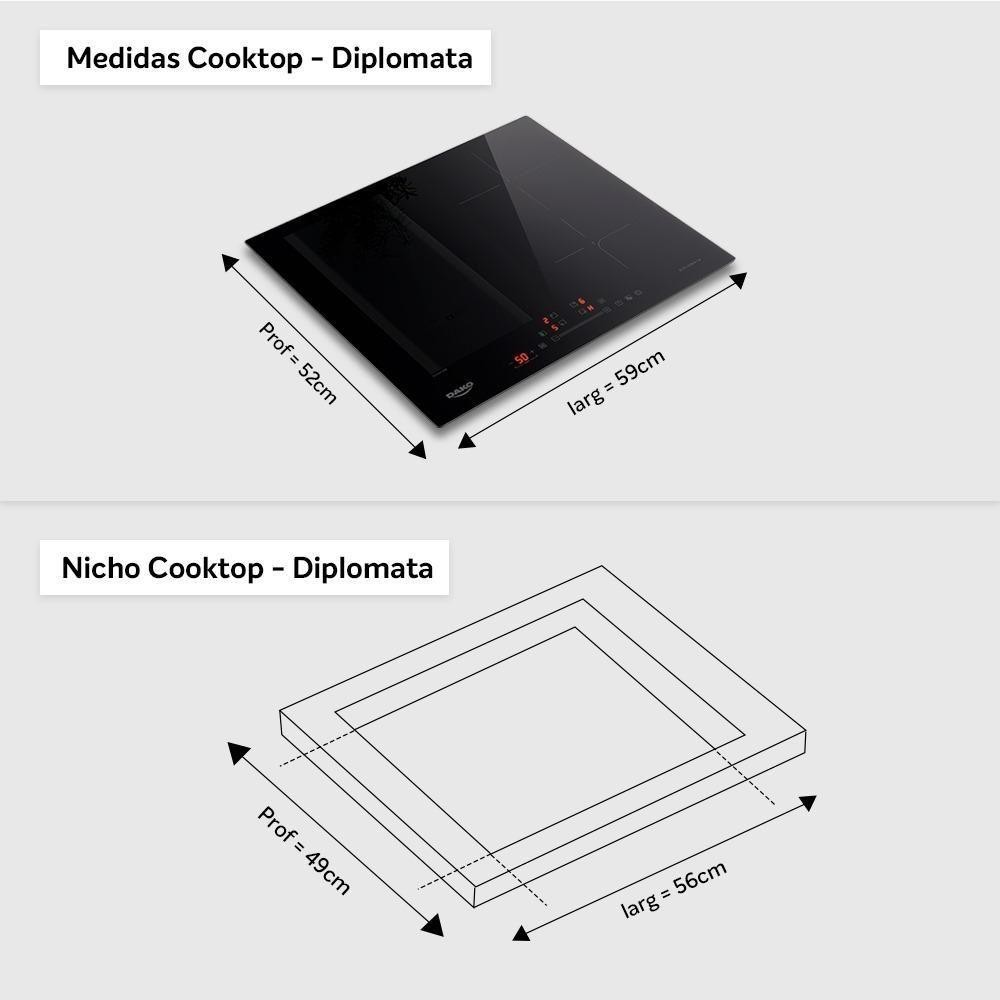 Cooktop De Indução 4 Bocas Preto Com Zona Flexível Dako Diplomata 220V