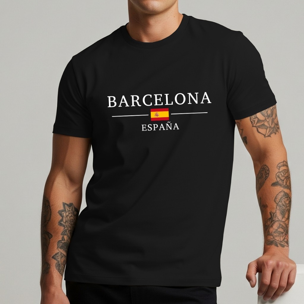 Camiseta Masculina Barcelona Espanha Casual Moderna Estilosa Estampa Pais Camisa Streetwear