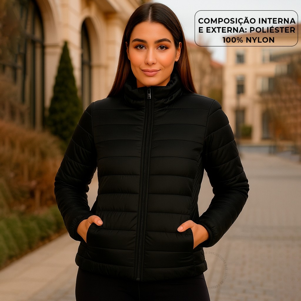 Jaqueta Feminina Puffer Bobojaco Frio Casaco Impermeável Nyon Preto Capuz Removível
