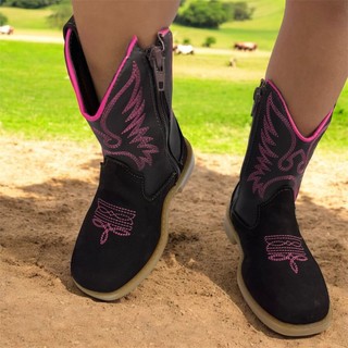 Bota Botina Texana Infantil Feminina Bordada Country Rodeio Fazenda Boiadeira Couro Confortavel Lançamento Zíper Lateral