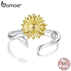 Bamoer 925 Original Prata Esterlina Anel Ajustável Ouro Girassol Jóias Presente Para Mulher