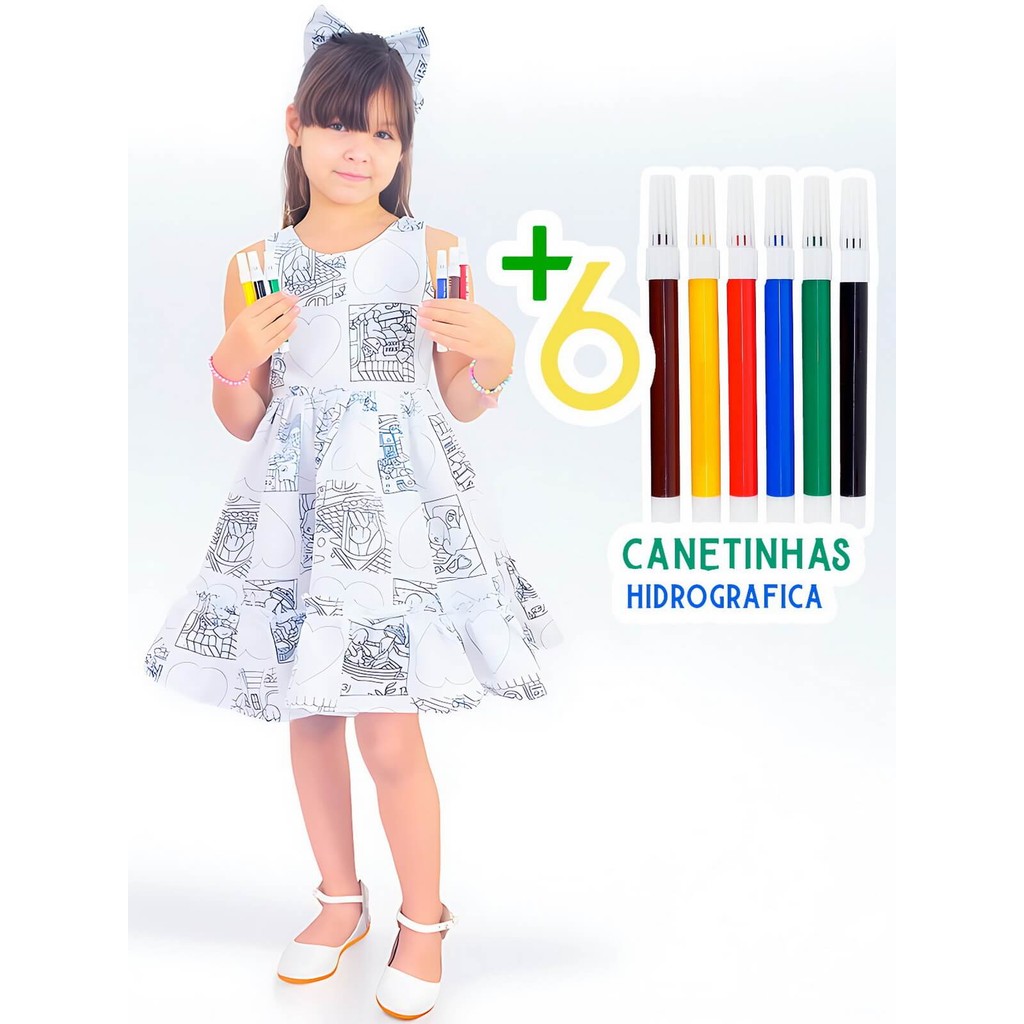 Vestido para Colorir + Canetinha Hidrografica : Moda Criativa Inspirada em Livros de Desenhos
