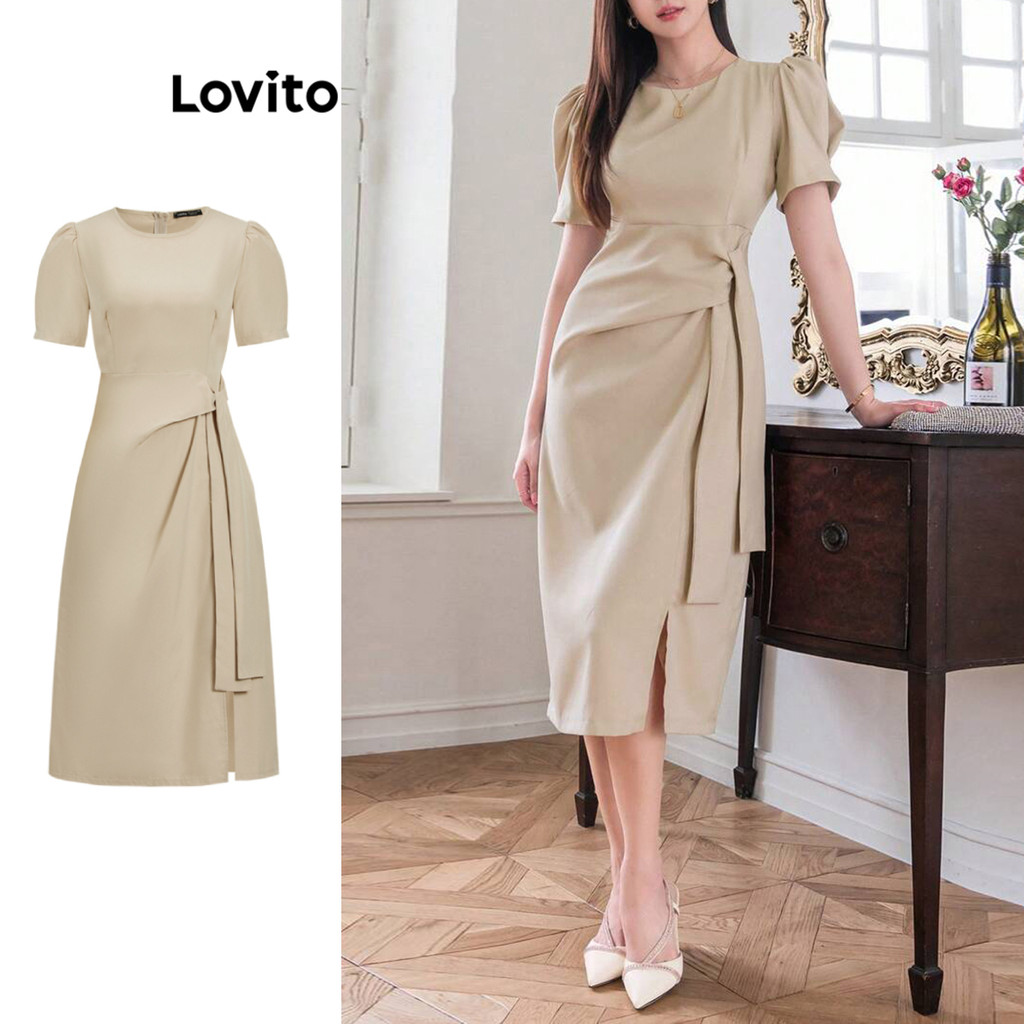 Lovito Vestido Elegante Liso Plissado Para Mulheres L104ED867 em Oferta na Shopee