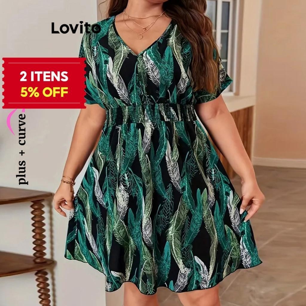 (Trendy) Lovito Vestido Plissado De Penas Boho Curva Plus Size Para Mulheres LBL20179 - Women Clothes