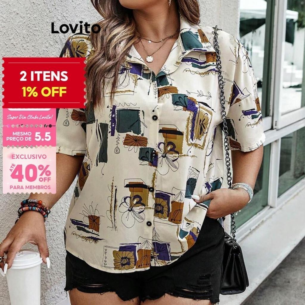 (Trendy) Lovito Blusa Curva Plus Size Casual Pintada À Mão Com Estampa De Verão/Primavera Para Mulheres LBL20297