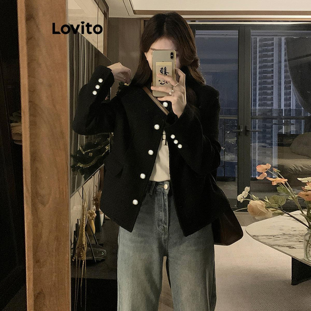 (Trendy) Lovito Jaqueta Casual Com Padrão Liso Para Mulheres LNA73411 em Oferta na Shopee